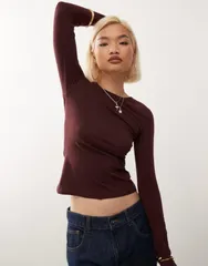 ウィークデイ レディース トップス タンクトップ スリムフィット Tシャツ Weekday slim fit long sleeve Tshirt Burgundy バーガンディ