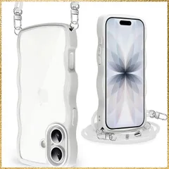 ★送料無料★Size:iPhone 17_Color:ホワイト iPhone 17 用 ケース クリア ショルダー アイフォン 17 用 カバー うねうね 透明 人気 かわいい 耐衝撃 スマホケース ストラップ付き 取り外し可能 長さ調整可能 首かけ 肩掛け