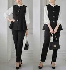 【新品・翌日配送】レディース ジレセットアップ ペプラムベスト パンツ フォーマル ママスーツ セレモニー オフィス ビジネス 通勤 入学式 卒業式 卒園式 入園式 七五三 お宮参り 30代 40代 ママ 防シワ 抗菌防臭 上下セット ライトグレー/黒/M/L