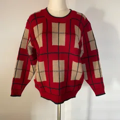 【Y-43】総柄ニット セーター レッド チェック柄 クルーネック メンズ レディース 古着
