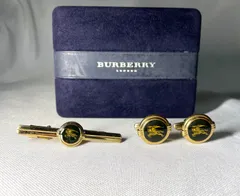 Burberry バーバリー ホースナイトロゴ 騎士デザイン ゴールド&ブラック ヴィンテージカフス ネクタイピン セット タイピン ケース有