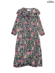 古着 PASSPORTS セーラーカラー 前開き 花柄 ロング丈 長袖 ワンピース 紺 ピンク (otu2512005)