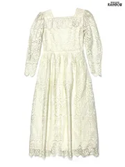 古着 アメリカ製 無地 総レース ロング丈 長袖 ワンピース ベージュ 生成り (otu2601043)