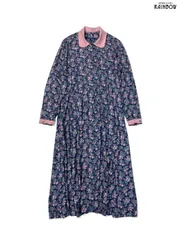 古着 ハートボタン リボン 前開き 花柄 ロング丈 長袖 ワンピース 紺 ピンク (otu2601104)