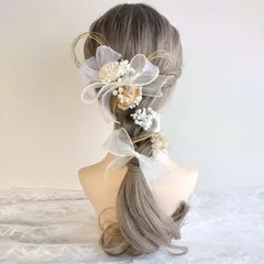 髪飾り＊成人式 卒業式 結婚式 ウェディング 振袖 袴 和装 前撮り~リボン パール 水引 編みおろし~ホワイトゴールド 金 12本