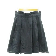 ジルスチュアート JILL STUART スカート フレア ミニ ハイウエスト フェイクスエード タック 光沢感 スカラップ 花 カットワーク 刺繍 4 紺 ネイビー /MN12