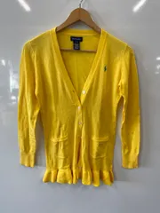 ピA412⚫︎RALPH LAUREN⚫︎ラルフローレン⚫︎ニット⚫︎カーディガン⚫︎うす手⚫︎ポケット付き⚫︎裾フリル⚫︎レディース⚫︎sizeL⚫︎黄色