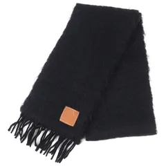 美品△LOEWE ロエベ モヘア ウール アナグラムロゴパッチ フリンジ ロング マフラー ブラック スペイン製 正規品 レディース