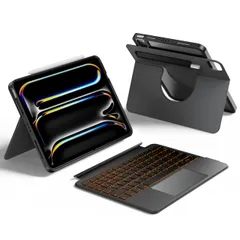 HOU iPad Pro 11インチM4用キーボードケース、磁気分離式ケース、大型高精度タッチパッド、横置き/縦置き対応、弾性ペンホルダー、独立ショートカットキー、全面保護ケース、日本語配列 (ブラック）