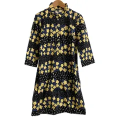 美品 marimekko マリメッコ 総柄プルオーバーシャツワンピース サイズ34 ネイビー レディース 古着 中古 USED