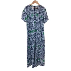 美品 marimekko マリメッコ フラワープリント ショートスリーブ ワンピース 52199-1-47640 サイズ38 ネイビー レディース 古着 中古 USED