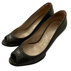 美品 Salvatore Ferragamo サルヴァトーレフェラガモ レザー オープントゥパンプス サイズ4 21.5cm相当 ブラック レディース 古着 中古 USED