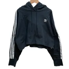 美品 adidas Originals アディダスオリジナルス クロップド フード 3ストライプ スウェット フーディ パーカー サイズOT XL ブラック レディース 古着 中古 USED