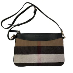 良品 BURBERRY バーバリー キャンバス×レザー ノバチェック フラットショルダーバッグ ブラック ブラウン レディース 古着 中古 USED