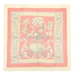 【本物保証】 超美品 ロエベ LOEWE フラワーモチーフ スカーフ シルク ベージュ系 レッド系