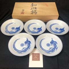 A1411-4/益子焼/倶門窯/瀧田項一/吹墨鷺之中皿揃5客/銘々皿/懐石道具