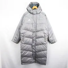 アディダス adidas ベンチコート ダウンコート 長袖 フード ジップアップ ロング丈 ライン ロゴ L グレー スポーツウェア ※EKM