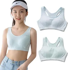 ガールズ スポーツブラ 2枚組 ブルー/グリーン　全2サイズ ノンワイヤー 柔らかい 高弾性 シームレス 吸汗速乾 通気性 広く肩紐 パッド付け 部活ブラ 少女感 成長期 キッズ ジュニア 小学生 中学生 女の子 インナー 子供用ブラジャー 下着 A8121