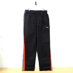 古着　PUMA　プーマ　メンズパンツ　シャカシャカ　ジャージ下　ブラック系　黒色　XLサイズ　ウエストゴム　ひも付き　ポケットあり　オレンジライン