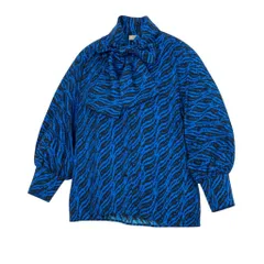 Aa30 Vintage Yves Saint Laurent ヴィンテージ イヴサンローラン YSL ブラウス ボウタイシャツ  総柄 Blouse Bow Tie Shirt 7 ブルー レディースo07t