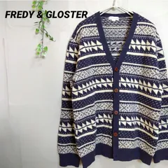 FREDY&GLOSTER フレディアンドグロスター  幾何学模様  Vネック ニット カーディガン ネイビー  ウール混  日本製  L  AA1-58のサムネイル