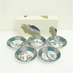 九谷焼　仙春造　色絵花鳥絵変り銘々皿5客（紙箱）  茶器 菓子器 おしゃれ 和菓子 干菓子 主菓子 茶道 茶道具 お茶 小皿 骨董 茶会 抹茶 プレート