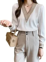 シャツ レース Vネック XLサイズ ホワイト 長袖 ブラウス 上品 大人 刺繍 オフィス オールシーズン レディース 春 夏 秋 着回し力 軽量 ゆったり 大きいサイズ 通勤 日常  A8145