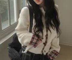 カーディガン/ボレロ アイボリー 無地 チェック柄 長袖 ショート丈