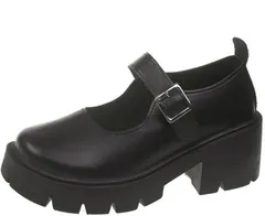 goodspoon パンプス レディース メリージェーン シューズ ストラップ 厚底 ドレスシューズ 美脚効果 太ヒール オシャレ PUレザー やわらか 無地 エレガント (マッドブラック,  22.5 cm)