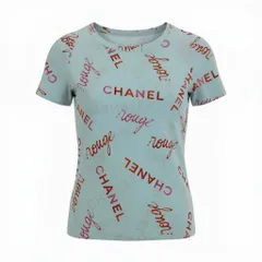 Ca15 【archive】CHANEL ヴィンテージ シャネル 1996年 96P ロゴプリント シルクブラウス 半袖ブラウス サイズ36 ブルー系 レディース トップスta1のサムネイル