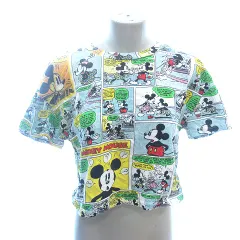 ザラ ZARA カットソー Tシャツ ラウンドネック ショート丈 ディズニー ミッキーマウス 総柄 半袖 S 水色 ライトブルー /AU
