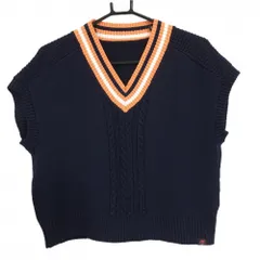 【美品】ニューバランスゴルフ ニットベスト ネイビー×オレンジ Vネック 肩透かし編み  レディース 2(L) ゴルフウェア New Balance
