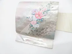 【一輝堂】九寸名古屋帯 お太鼓柄 銀糸 枝花 正絹 26b02-133