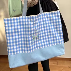 星型シャカシャカパーツ付き　ギンガムチェックのレッスンバッグ　ブルー　手提げ　レッスンバッグ