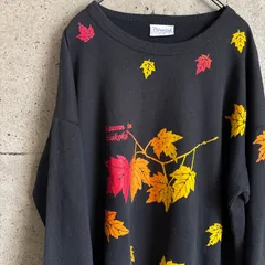 【USED】US 古着 Premiere スウェット メンズ XL ブラック 黒 紅葉 メープル リーフ 落ち葉 プリント トレーナー 裏起毛 派手 カナダ レトロ 80s 90s ビンテージ 古着 ストリート アメリカ古着 USA古着 アメカジ