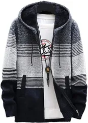 GANATA（ガナタ） ニットパーカー メンズ ニットフリース 裏起毛 防寒 フード付き ジップアップ アウター (ダークグレー（トライカラー）,  L)