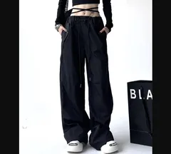 立体切替 ドロスト ワイドパンツ レディース ブラック 黒 ウエストゴム ゆったり 体型カバー 美脚 ストリート 韓国ファッション カジュアル きれいめ 春夏 秋冬 通勤 通学 お出かけ コーデ [1207]