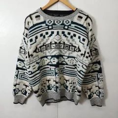 EXPRESSIONS エクスプレッションズ クルーネック セーター 総柄 長袖 古着 ヴィンテージ 台湾製 メンズ M ホワイト グリーン系 B411