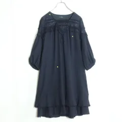 インゲボルグ★刺繡付きチュールレース♪長袖ワンピース サイズ9 濃紺系 裾かぶせ段々フリル♪無地 z17851