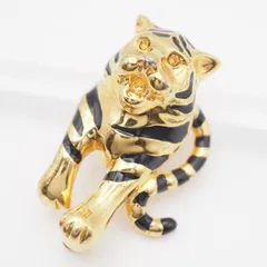 Q694 ブローチ 虎 トラ タイガー イエローストーン風 ブラックエナメル ゴールド デザイン コスチュームジュエリー