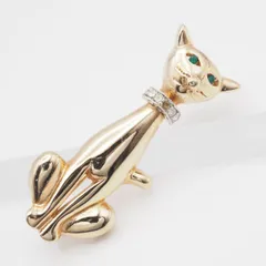Q664 ブローチ 猫 キャット エメラルド風 ラインストーン ゴールド デザイン コスチュームジュエリー