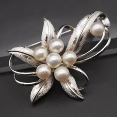 Q423 本真珠 6.4mm7珠 パール STERLING刻印 ブローチ デザイン シルバー コサージュ 6月誕生石