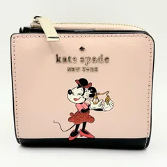 美品　ケイトスペード　kate spade　二つ折り財布　ディズニーコラボ　ミニーちゃん　ラウンドファスナー　グレインレザー　ピンク　ブラック　MINNIE MOUSE　ミニーマウス　コンパクト　Disney　可愛い　希少　【送料無料】