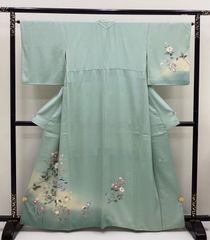 A5◇着物くつろぎ 孔雀に花模様 刺繍 椿 水色 袷 正絹 訪問着 着物