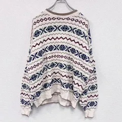 古着 used　コットンニットセーター　3Dニット　総柄　白　ホワイト　XLサイズ【値引き交渉OK！】