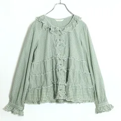 【極美品】ピンクハウス★ギンガムパッチワーク♪前開きローンブラウス 緑系 フリル&リボンいっぱい♪2023年 z17896