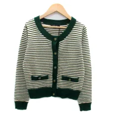 イング INGNI ニットカーディガン ラウンドネック ミドル丈 ボーダー柄 M 緑 グリーン オフホワイト /HO6