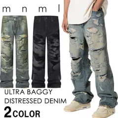 mnml  ULTRA BAGGY DISTRESSED DENIM 【ヴィンテージ加工】【バギーデニム】【ヴィンテージブルー】【ヴィンテージブラック】【裾溜め】