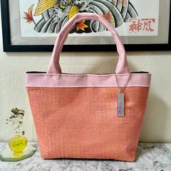 和柄ミニトートバッグ 般若心経(西陣織) 金文字ピンク Dカン付き ハンドメイド ストリート 帆布