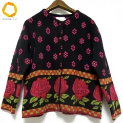 #wnc ベネトン BENETTON カーディガン 46 黒 ピンク 赤 ニット 花柄 イタリア製 大きいサイズ レディース [990044]